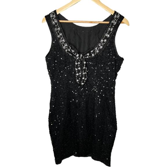 VINTAGE 1970s Stenay 8 Beaded Pearls Sequins Sleeveless Dress 100% Silk Black - Picture 4 of 8